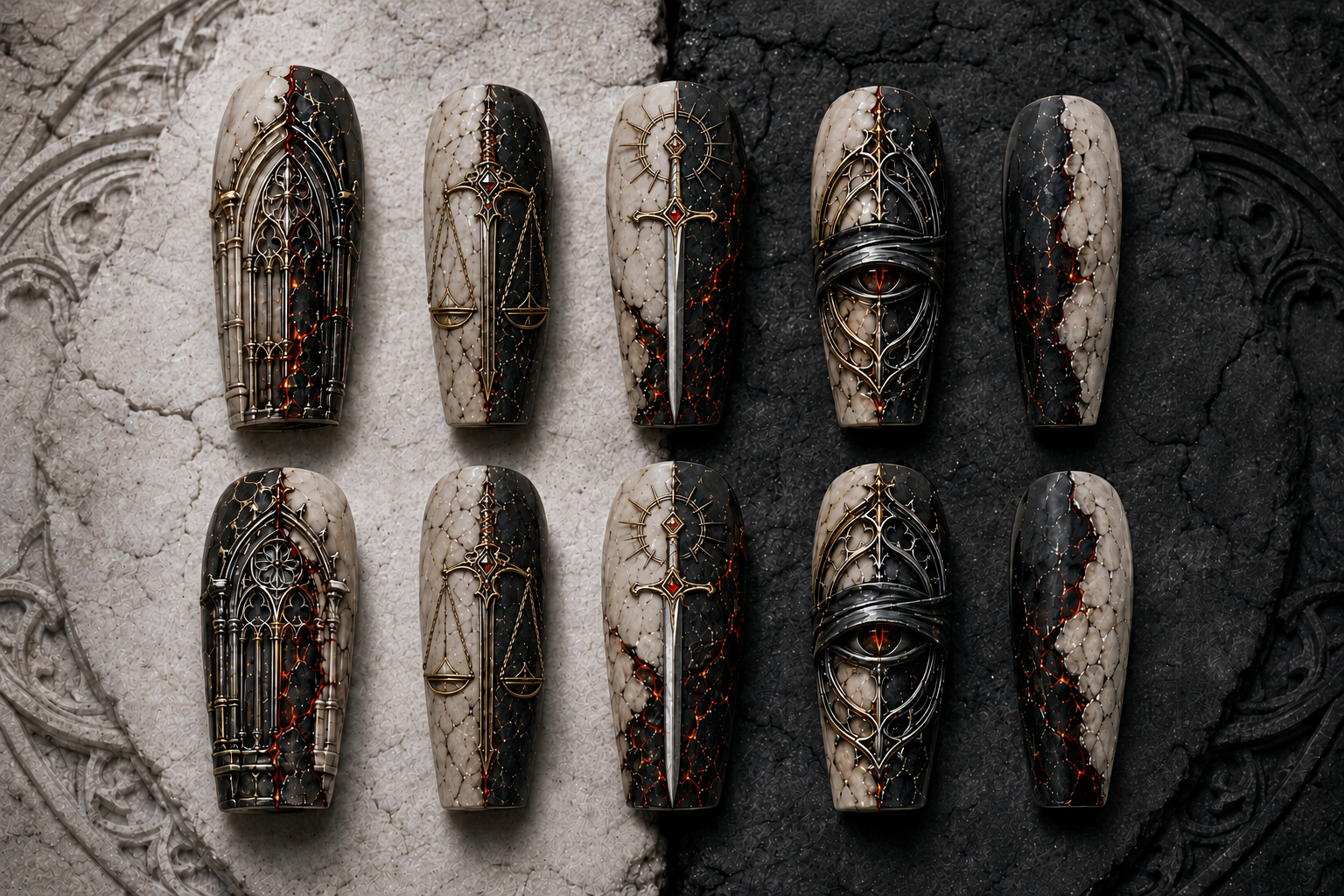 EMBER Ashen Verdict press-on nails with black-and-ivory stone, a judgment sword, and gothic metal details